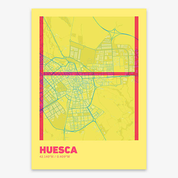Poster of Huesca composed with letters in extra light font printed on yellow and fuchsia