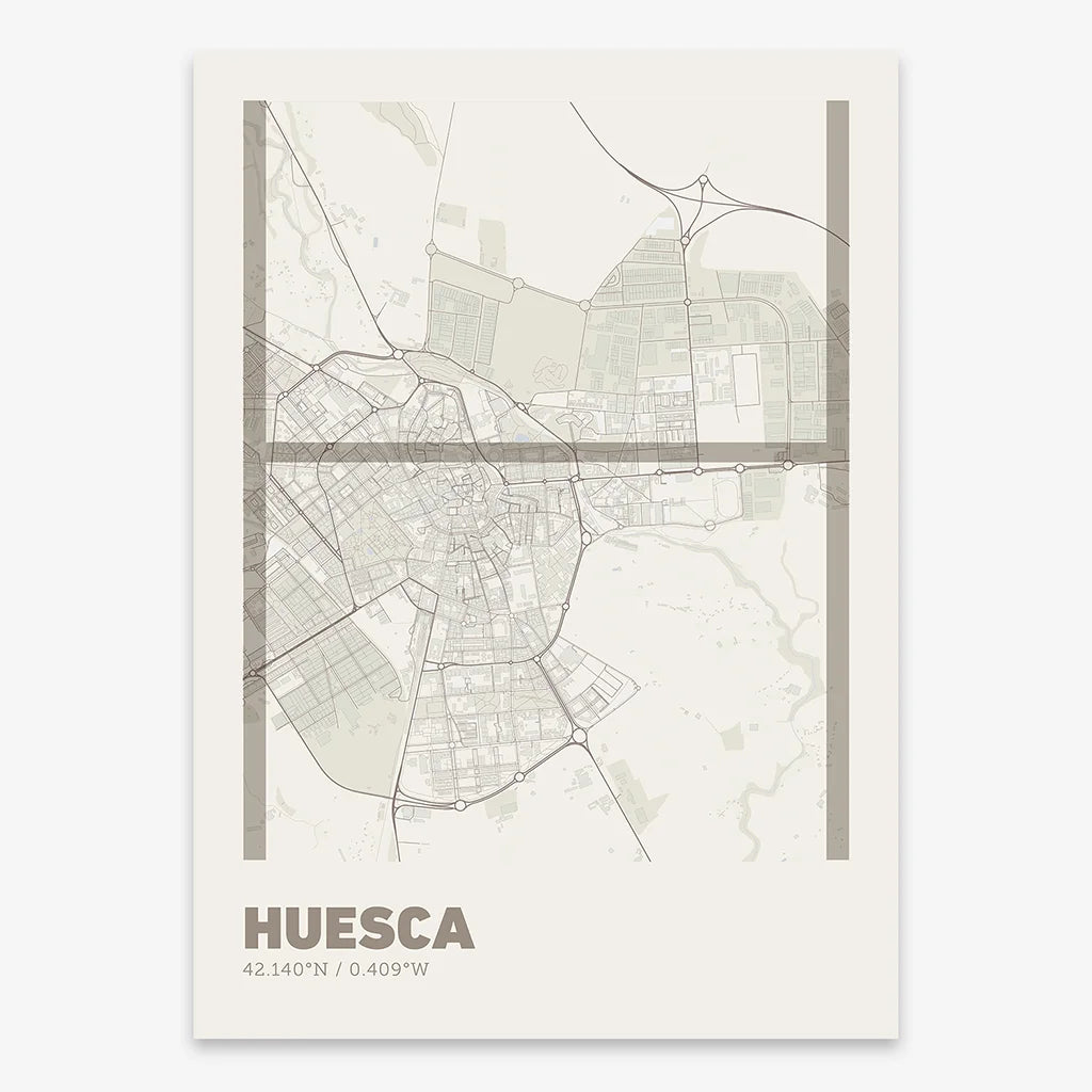 Poster of Huesca composed with letters in extra light font printed on light brown and an off-white background