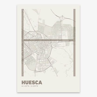 Poster of Huesca composed with letters in extra light font printed on light brown and an off-white background