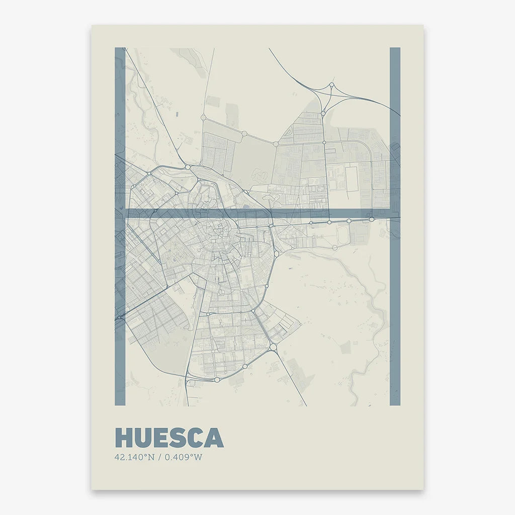 Poster of Huesca composed with letters in extra light font printed on bluish gray and an off-white background