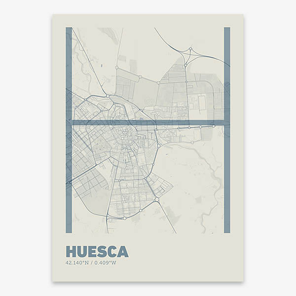 Poster of Huesca composed with letters in extra light font printed on bluish gray and an off-white background