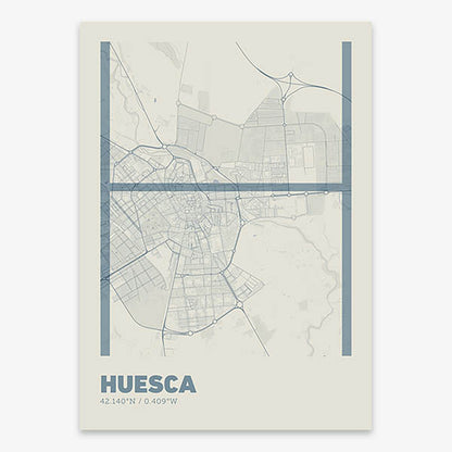Poster of Huesca composed with letters in extra light font printed on bluish gray and an off-white background