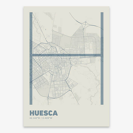 Poster of Huesca composed with letters in extra light font printed on bluish gray and an off-white background