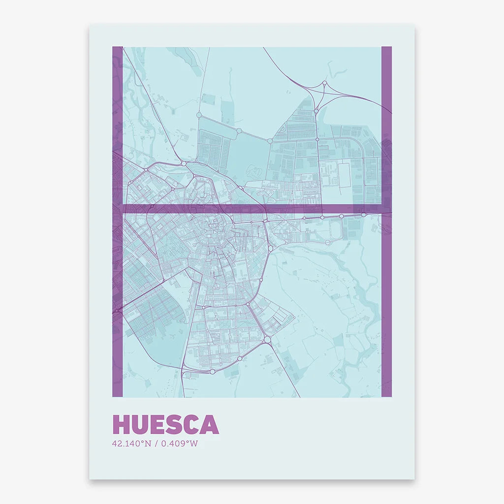 Poster of Huesca composed with letters in extra light font printed on purple and light blue