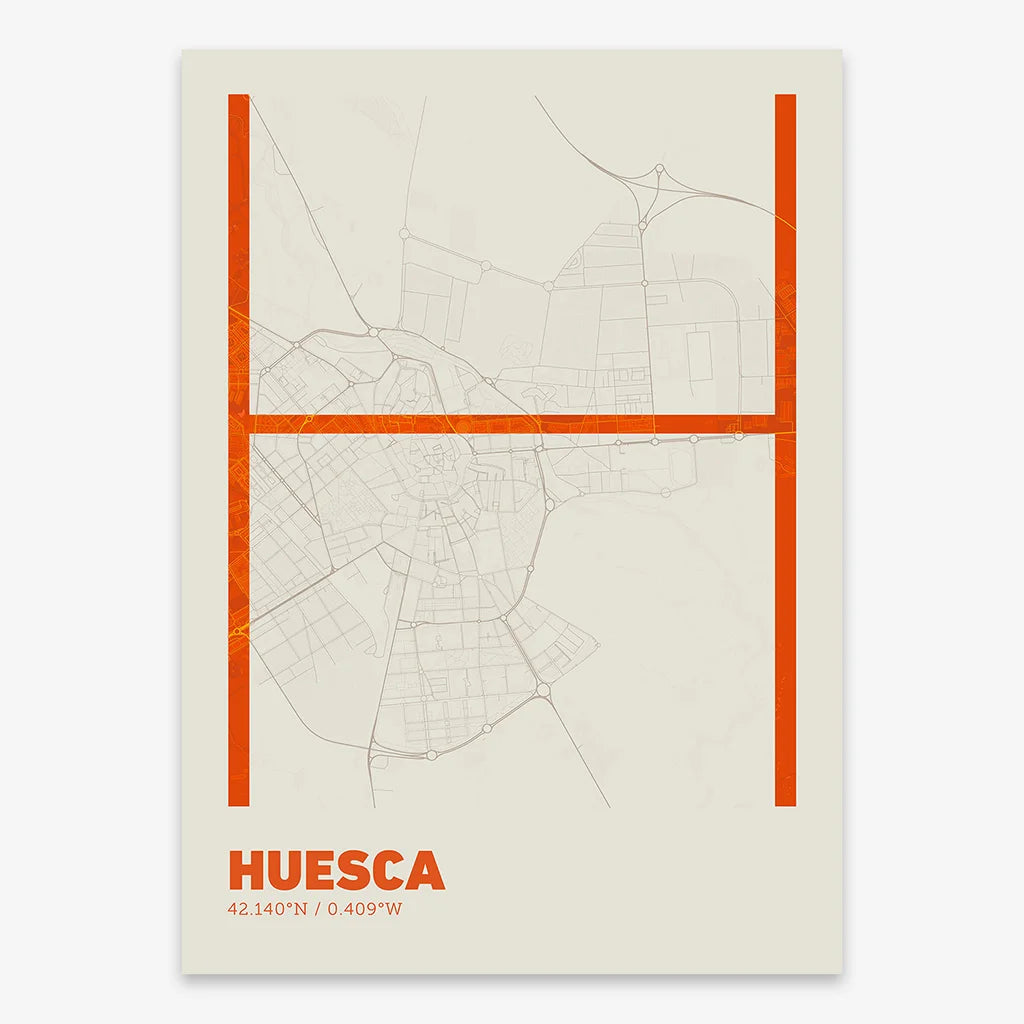 Poster of Huesca composed with letters in extra light font printed on orange and an off-white background