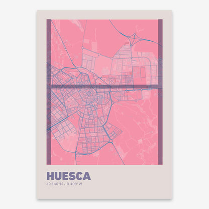 The map of Huesca composed with letters in extra light font printed on violet y pink background