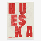 Decorative print of Huesca with letters of its name placed randomly, designed in red and an off-white background