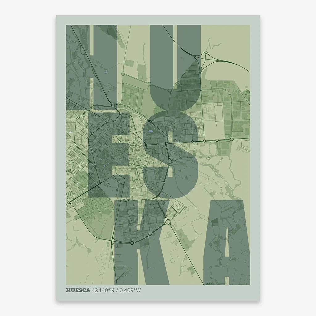 Decorative print of Huesca with letters of its name placed randomly, designed in two green tones