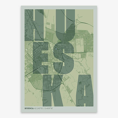 Decorative print of Huesca with letters of its name placed randomly, designed in two green tones