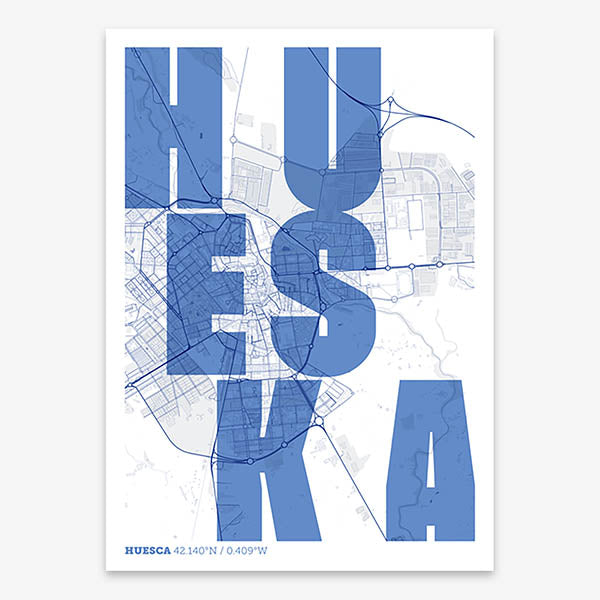 Decorative print of Huesca with letters of its name placed randomly, designed in navy blue and white