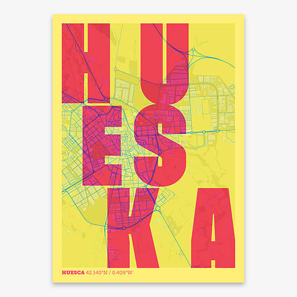 Decorative print of Huesca with letters of its name placed randomly, designed in yellow and fuchsia
