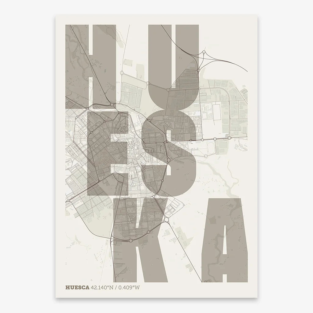 Decorative print of Huesca with letters of its name placed randomly, designed in light brown and an off-white background