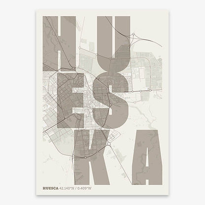 Decorative print of Huesca with letters of its name placed randomly, designed in light brown and an off-white background