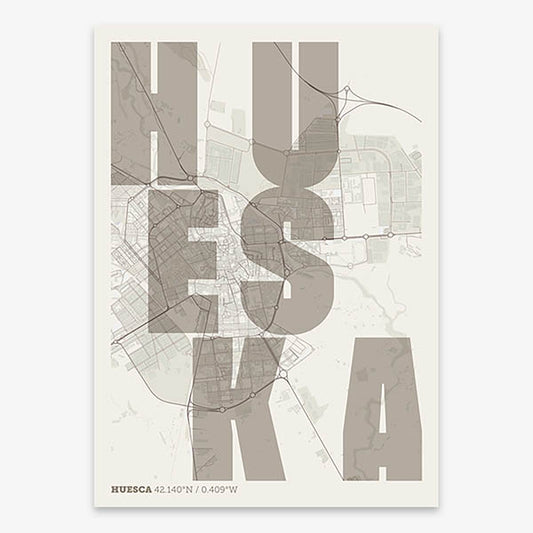 Decorative print of Huesca with letters of its name placed randomly, designed in light brown and an off-white background