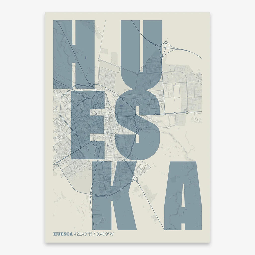 Decorative print of Huesca with letters of its name placed randomly, designed in bluish gray and an off-white background