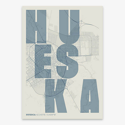 Decorative print of Huesca with letters of its name placed randomly, designed in bluish gray and an off-white background