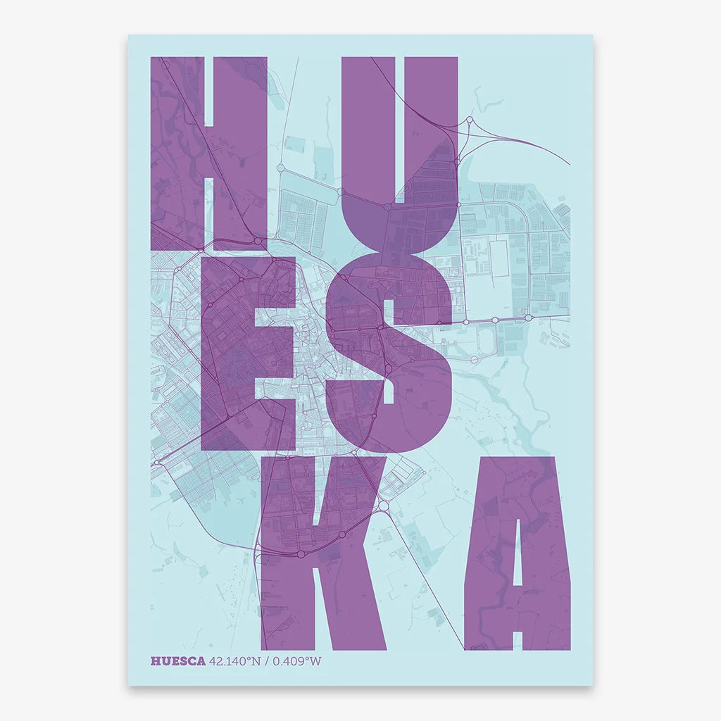 Decorative print of Huesca with letters of its name placed randomly, designed in purple and light blue