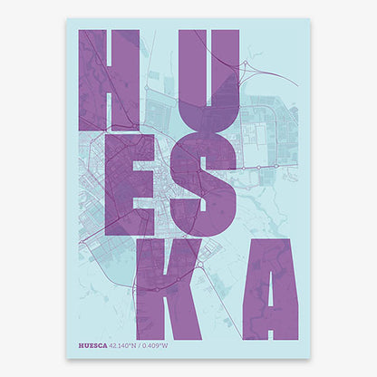 Decorative print of Huesca with letters of its name placed randomly, designed in purple and light blue
