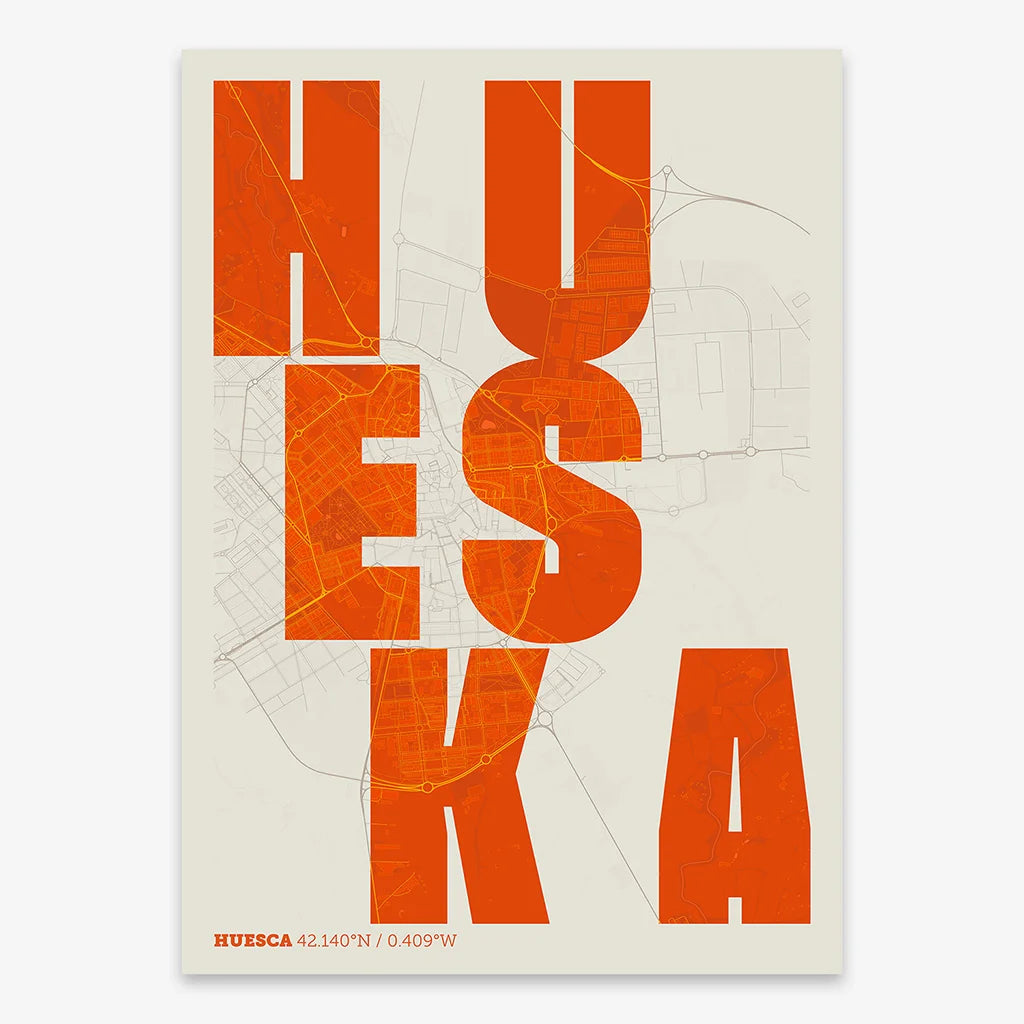 Decorative print of Huesca with letters of its name placed randomly, designed in orange and an off-white background