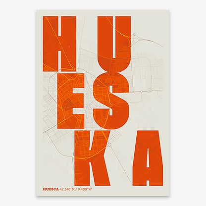 Decorative print of Huesca with letters of its name placed randomly, designed in orange and an off-white background