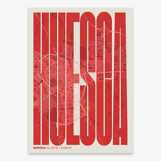 Decorative map of Huesca and letters of its name in a giclée print designed in red and an off-white background