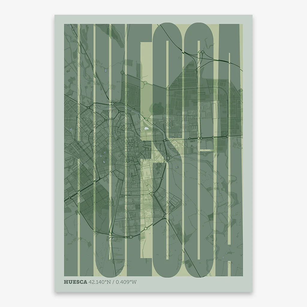 Decorative map of Huesca and letters of its name in a giclée print designed in two green tones