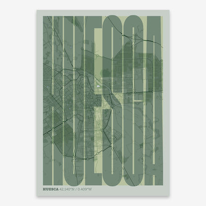 The map of Huesca and letters of its name in a giclée print designed in two green tones