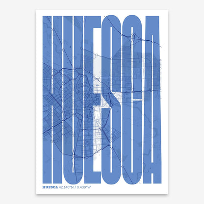 The map of Huesca and letters of its name in a giclée print designed in navy blue and white
