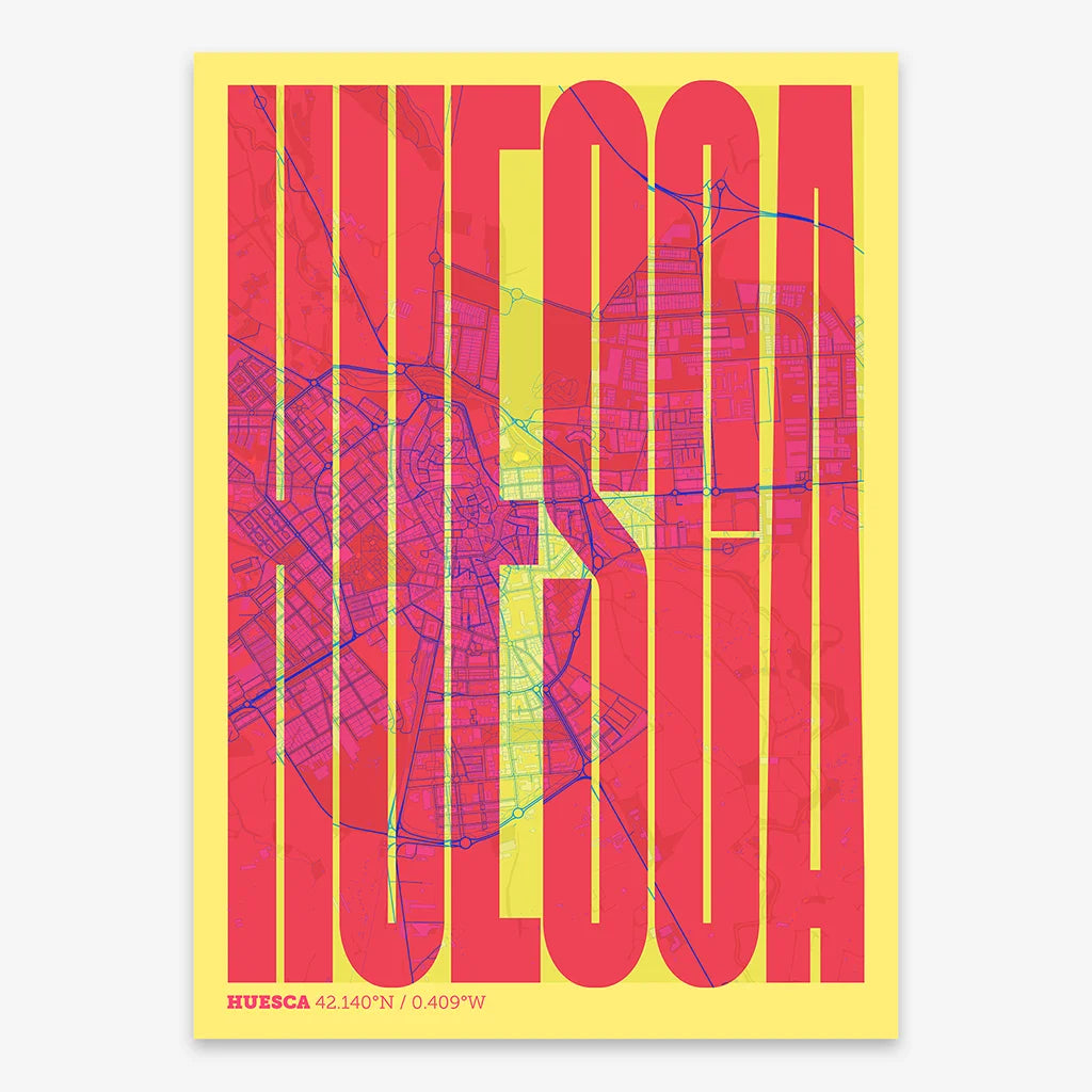 Decorative map of Huesca and letters of its name in a giclée print designed in yellow and fuchsia