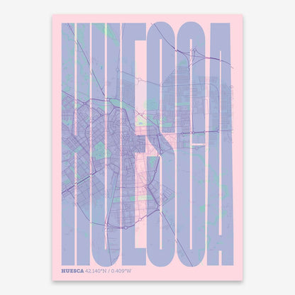 The map of Huesca and letters of its name in a giclée print designed in pink and light blue