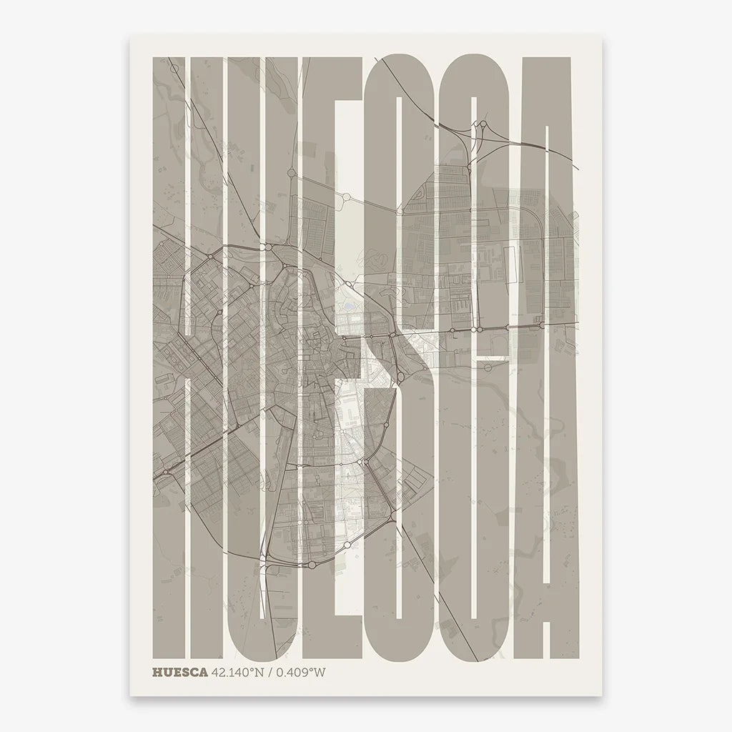 Decorative map of Huesca and letters of its name in a giclée print designed in light brown and an off-white background