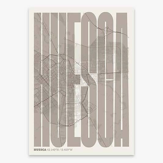 Decorative map of Huesca and letters of its name in a giclée print designed in light brown and an off-white background