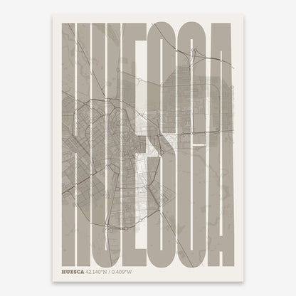 The map of Huesca and letters of its name in a giclée print designed in light brown and an off-white background