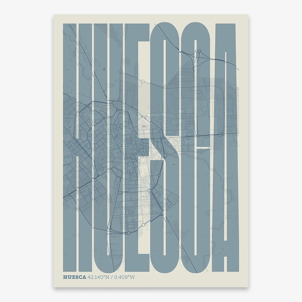 Decorative map of Huesca and letters of its name in a giclée print designed in bluish gray and an off-white background
