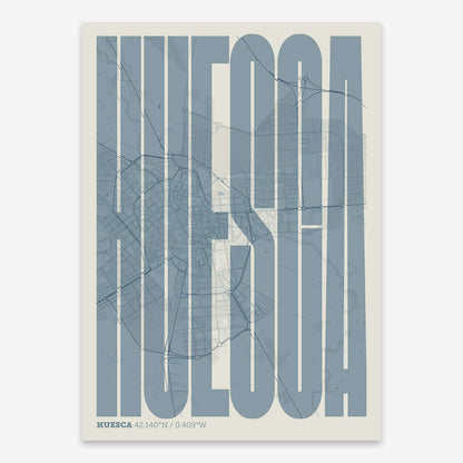 The map of Huesca and letters of its name in a giclée print designed in bluish gray and an off-white background