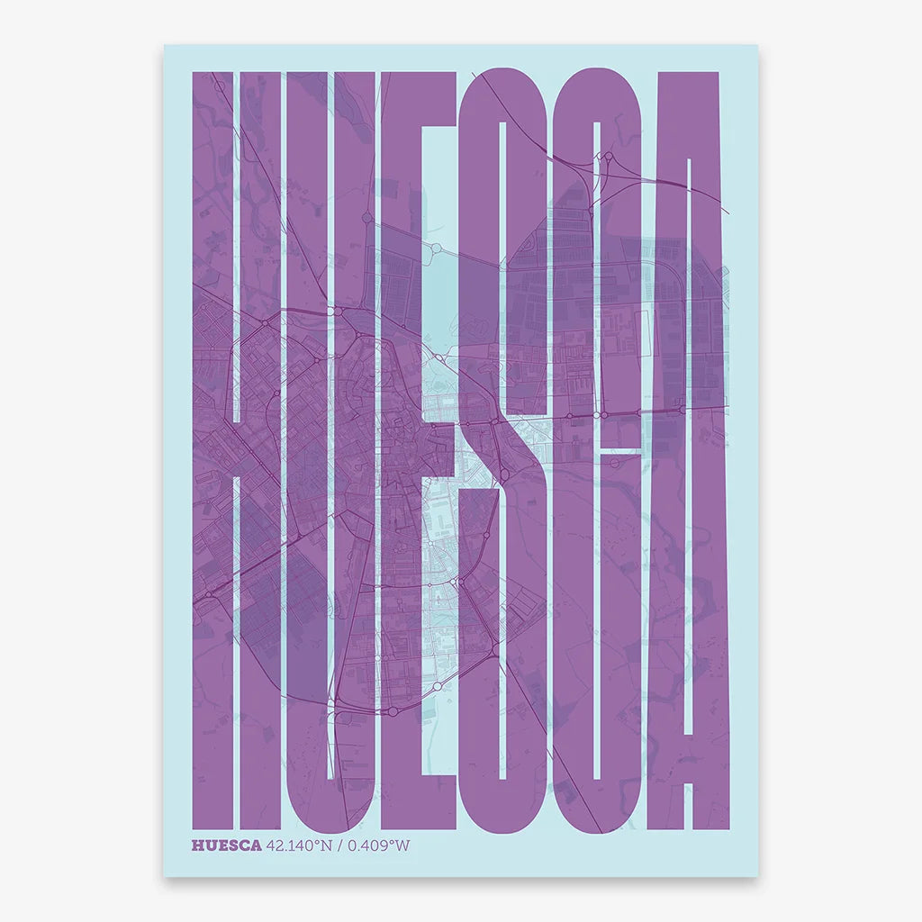 Decorative map of Huesca and letters of its name in a giclée print designed in purple and light blue