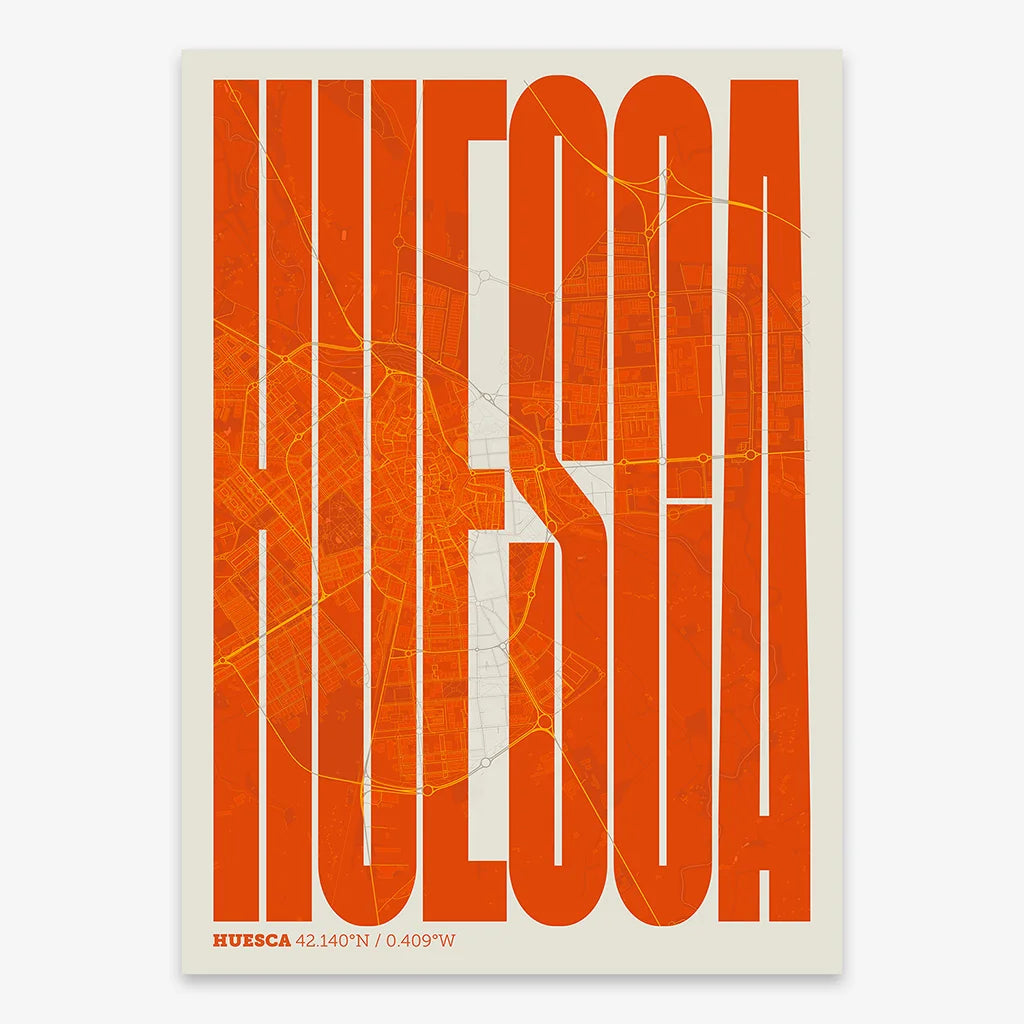 Decorative map of Huesca and letters of its name in a giclée print designed in orange and an off-white background