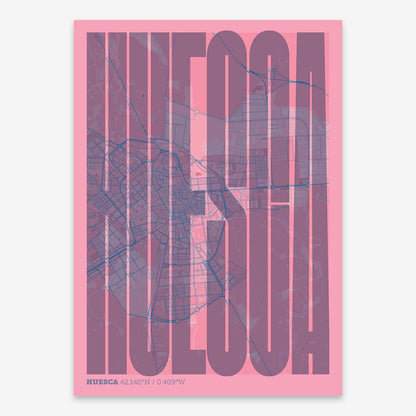 The map of Huesca and letters of its name in a giclée print designed in violet y pink background