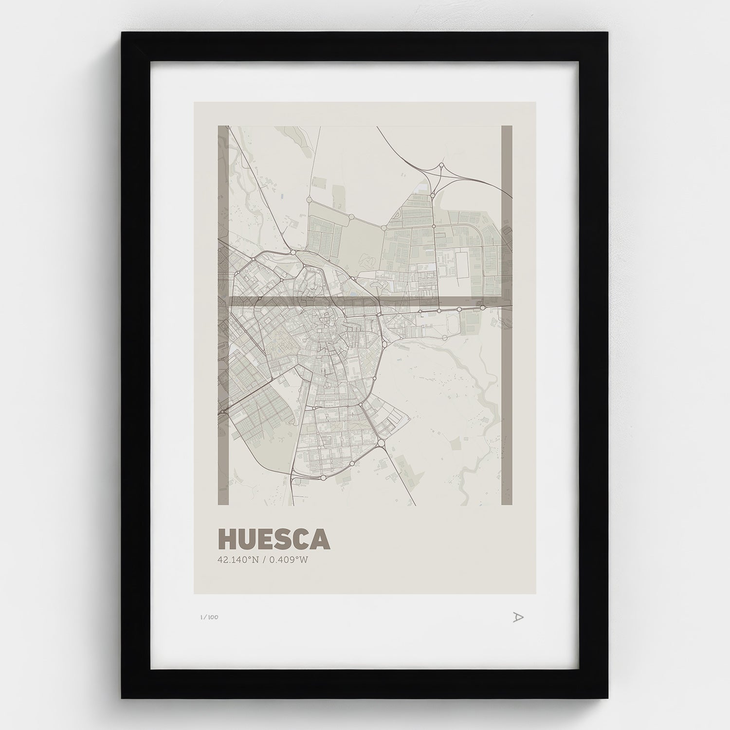 Lámina tipográfica de Huesca – diseño Ultrafina, marco negro
