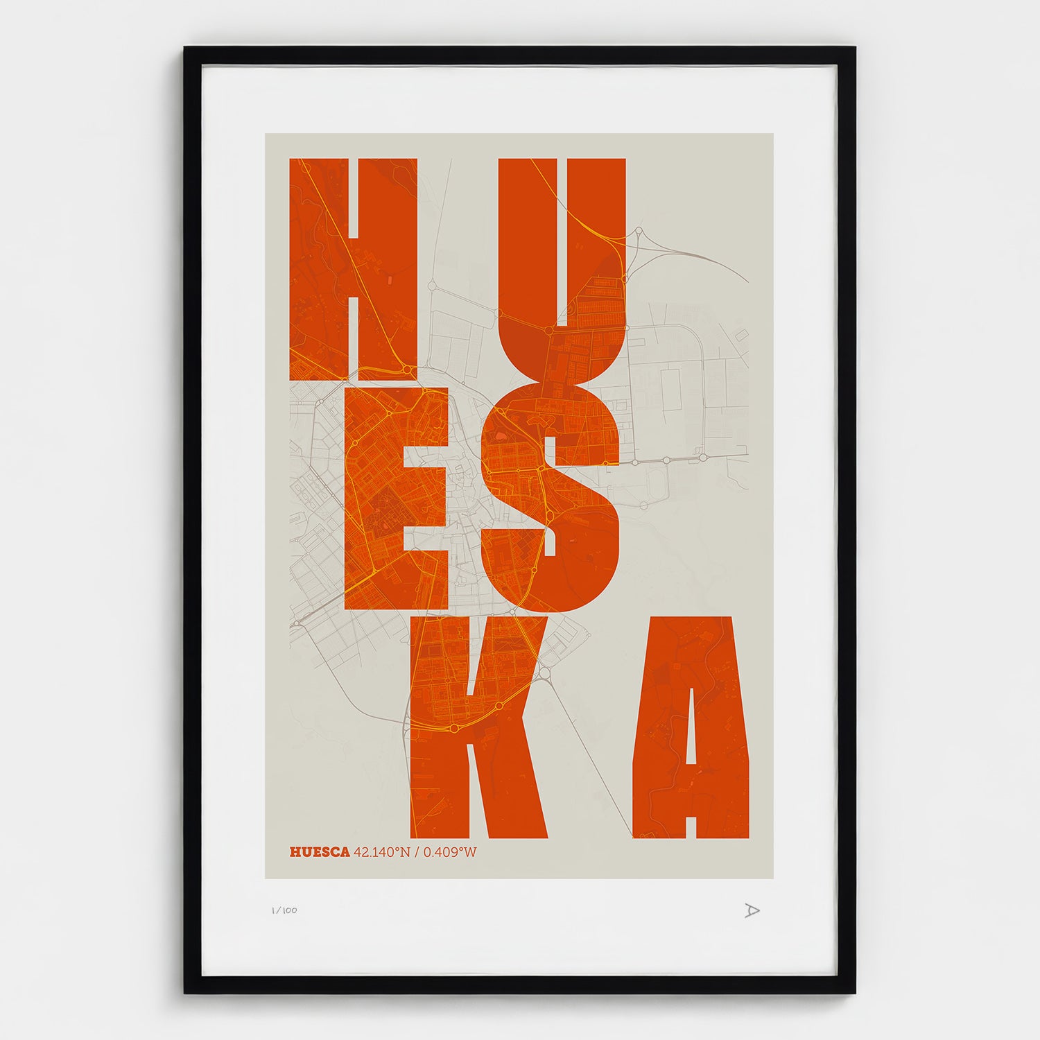 Lámina tipográfica de Huesca – diseño Revoltosa, marco negro