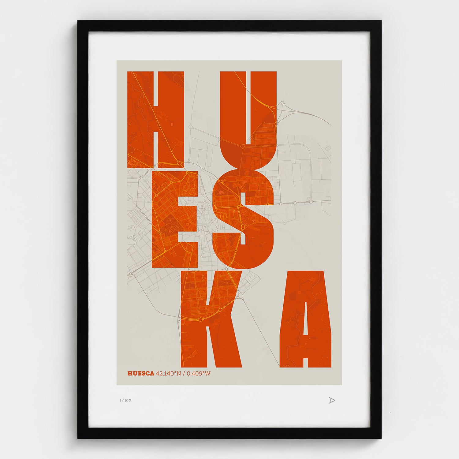 Lámina tipográfica de Huesca – diseño Revoltosa, marco negro