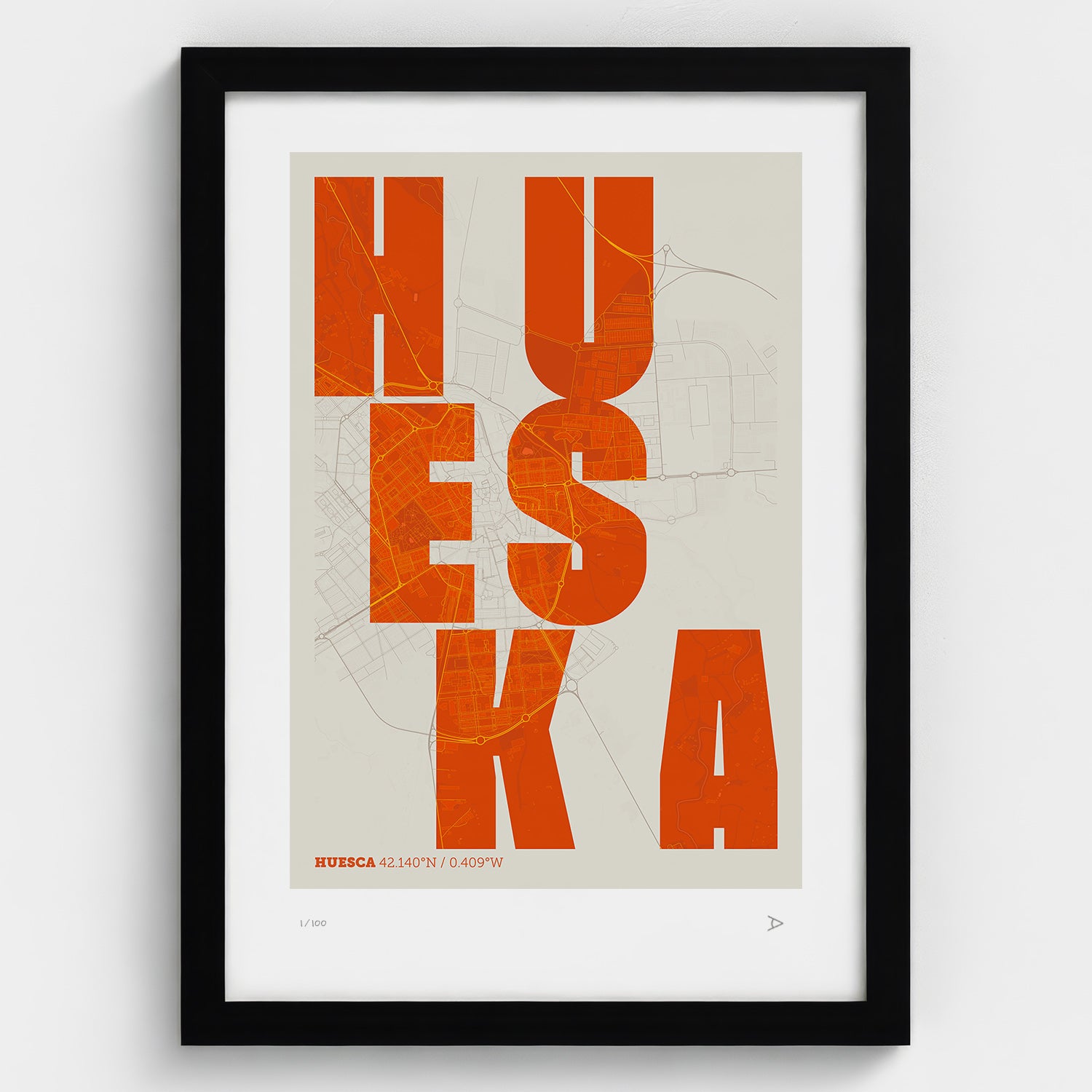 Lámina tipográfica de Huesca – diseño Revoltosa, marco negro