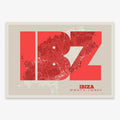 Decorative print of Ibiza composed with letters in a heavy geometric font printed on red and an off-white background