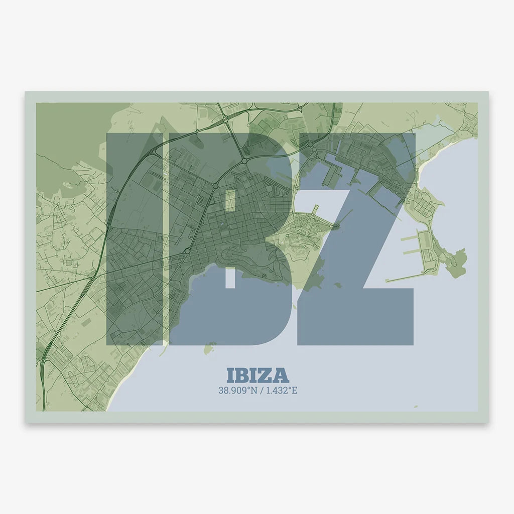 Decorative print of Ibiza composed with letters in a heavy geometric font printed on two green tones