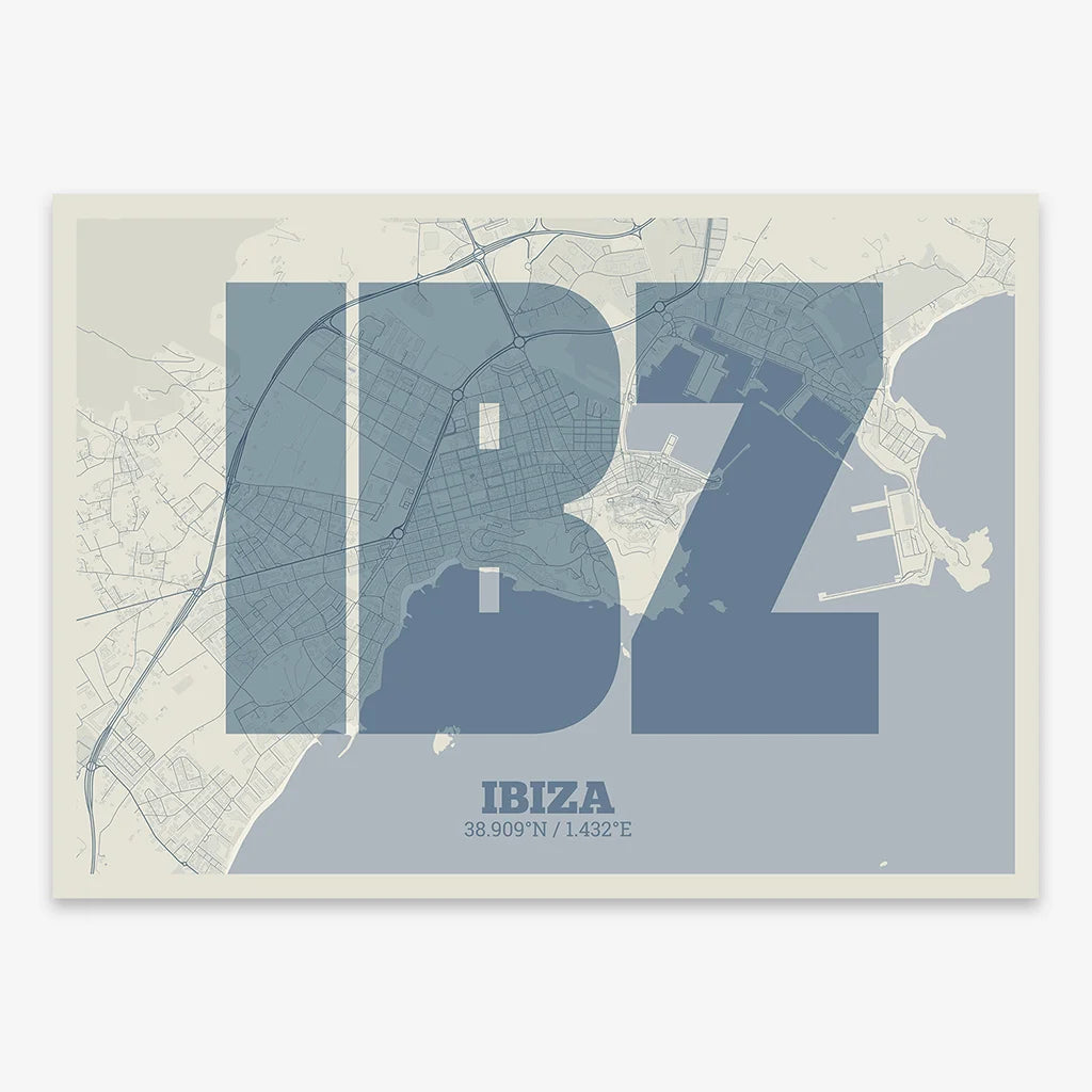Decorative print of Ibiza composed with letters in a heavy geometric font printed on bluish gray and an off-white background