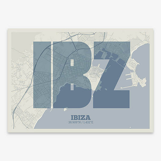 Decorative print of Ibiza composed with letters in a heavy geometric font printed on bluish gray and an off-white background