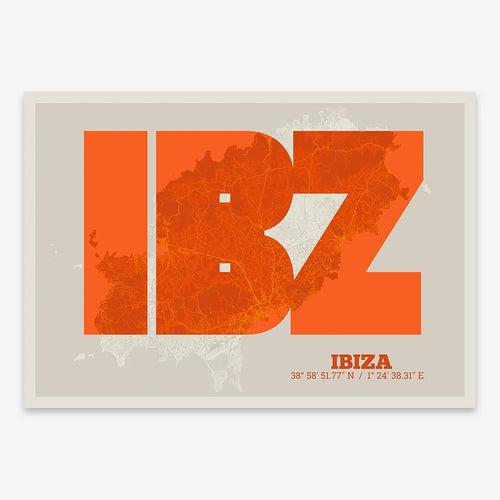 Mapa de Ibiza en diseño la Súper Bold, un póster tipográfico donde el mapa de la ciudad se fusiona con una tipografía extra gruesa para un impacto visual moderno diseñado en naranja y fondo blanco roto