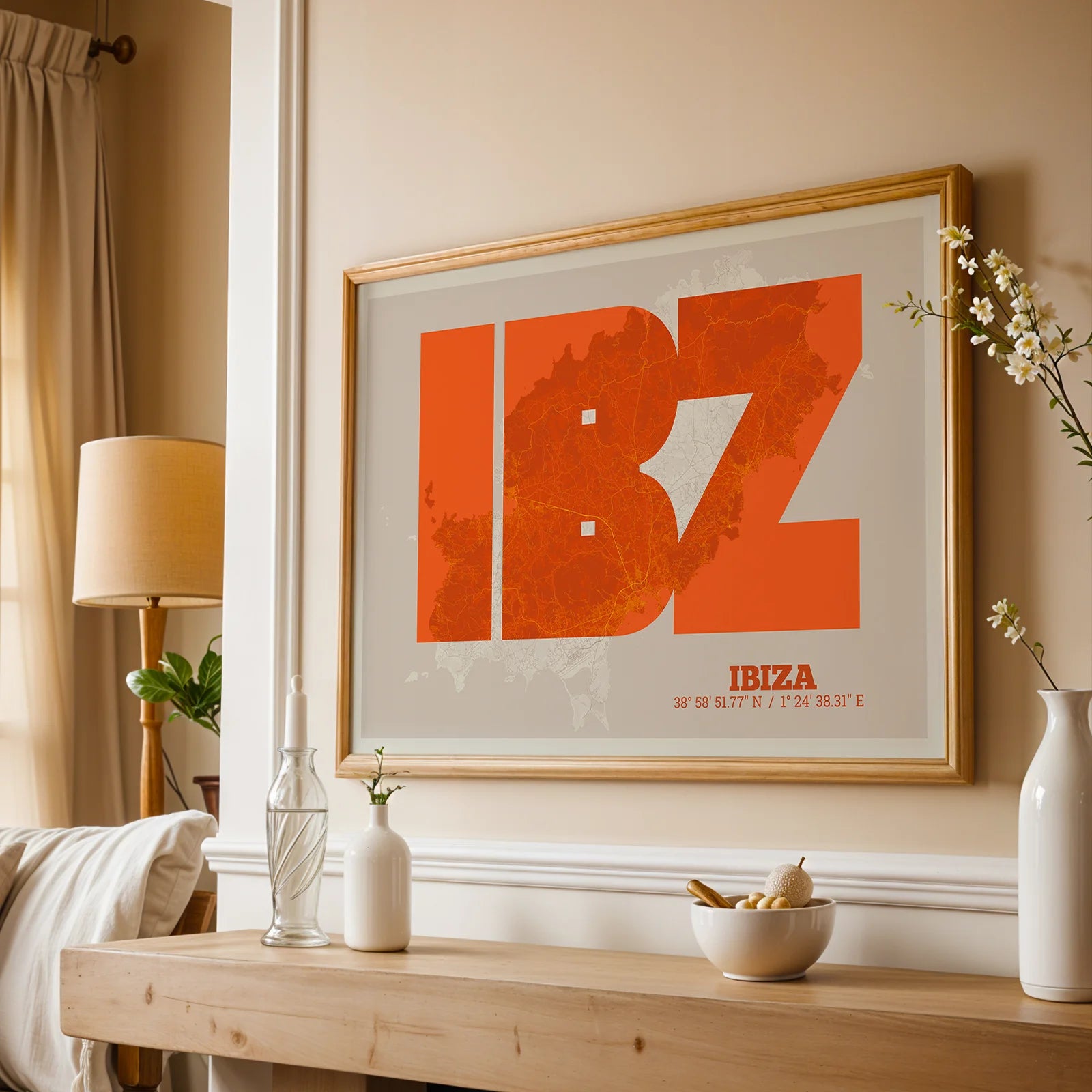 Modern interior design with a Ibiza in Super Bold design, a typographic poster where the city map is overlaid with extra-thick lettering for a modern, high-impact look designed in orange and an off-white background, displayed on a living room wall