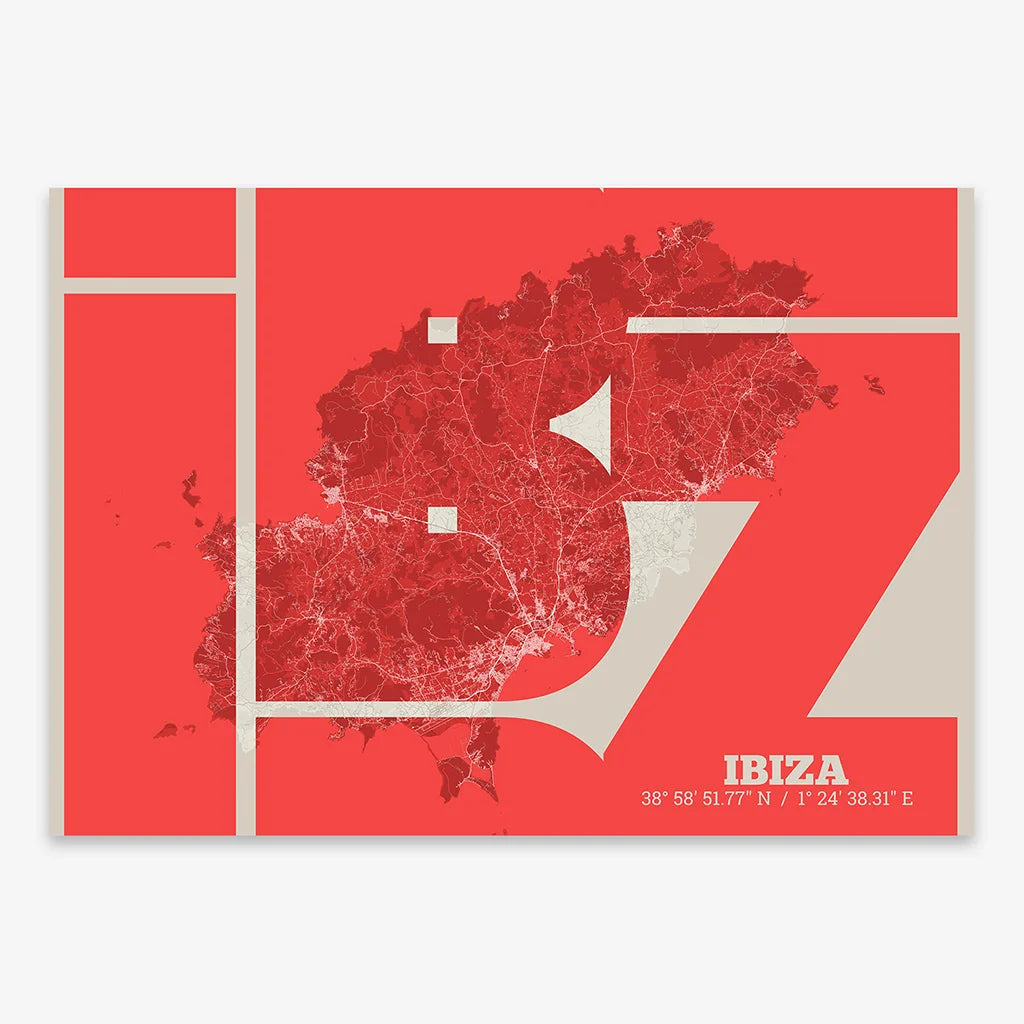 Poster of Ibiza composed with letters from its abbreviation or its airport IATA code printed on red and an off-white background