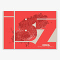 Poster of Ibiza composed with letters from its abbreviation or its airport IATA code printed on red and an off-white background
